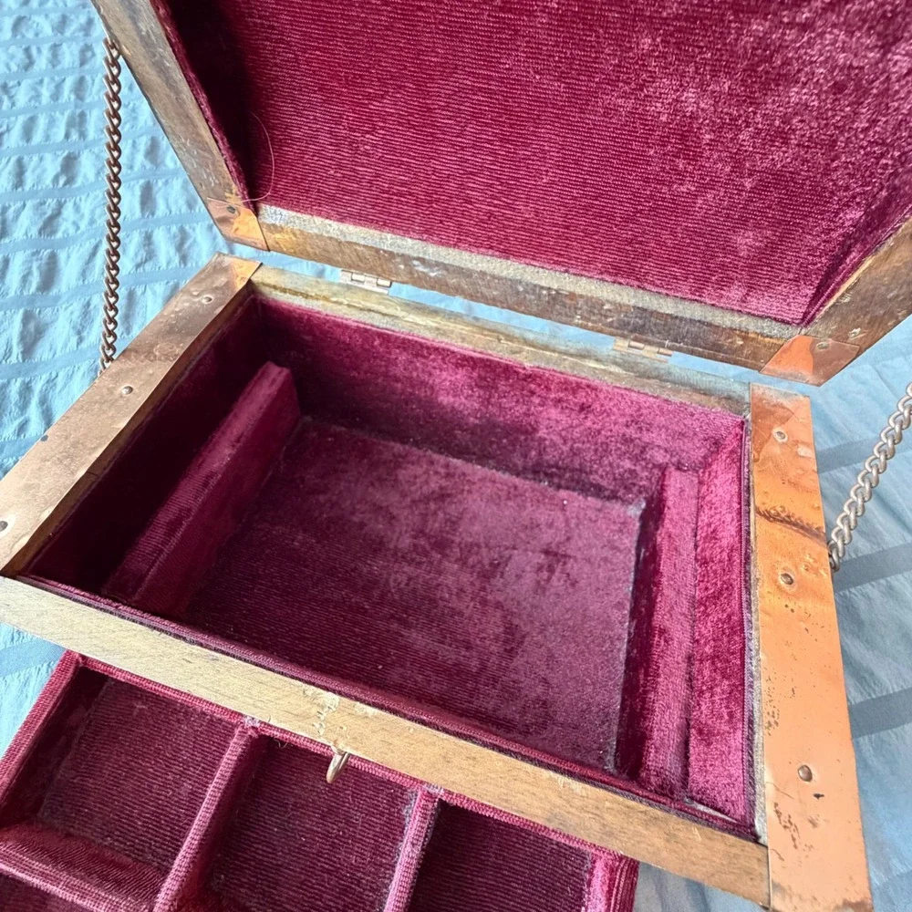 Vintage Wooden Treasure Chest Jewelry Box Burgundy Velvet Lining Copper Trim